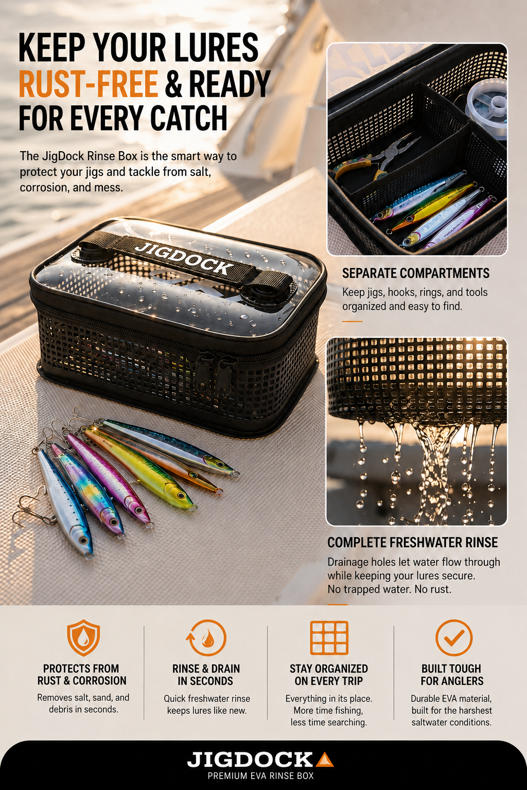 JigDock Rinse Box – Rinse, Drain & Store Fishing Lures